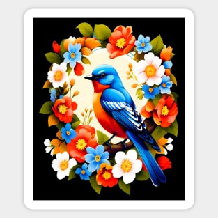 Cute Blue Bird Surrounded by Bold Vibrant Spring Flowers Sticker